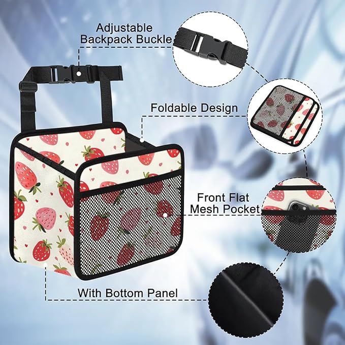 Car Backseat Organizer, PU Leather Back of Seat Cars Hanging Organizer with Pockets Leakproof Car Garbage Bag Hanging Cars Seat Storage Box Travel Accessories Foldable (White Strawberries)