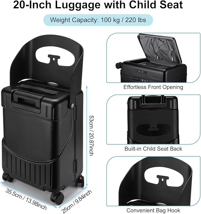 20'' Ride on Luggage Kids Rolling Suitcase with Seat & Aluminum Frame Back to School Gift for Student Travel(Black)