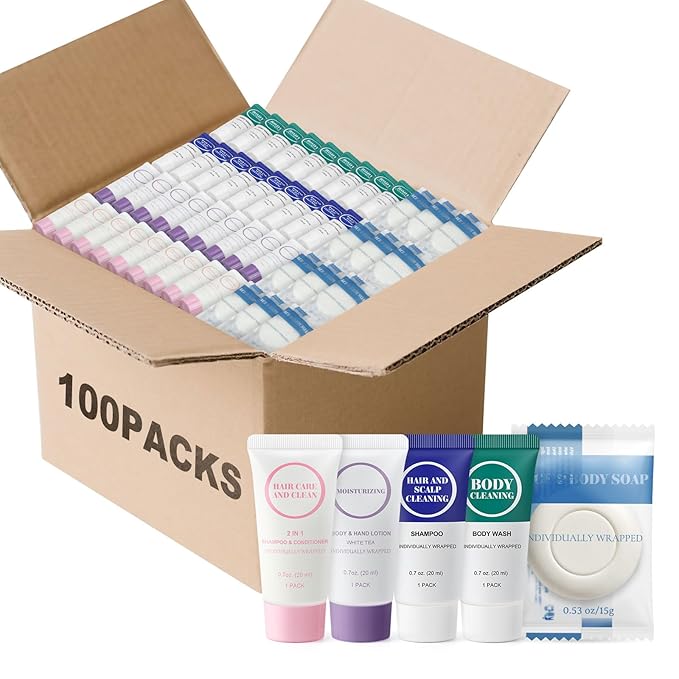 Individually Wrapped Toiletries Set Bulk, Travel Size 0.7 Fl oz Mini Body Wash Body Lotion Shampoo 2-in-1 Hair Wash & Conditioner 0.53 oz Bars Soap Toiletry Amenities for Hotel/Homeless (Pack of 100)