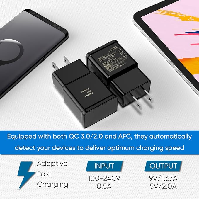 Adaptive Fast Charging Block USB Wall Charger Adapter Fits Samsung Galaxy S25/S24/S23/S22/S22 Ultra/S21/S20/S10/S9/S8/S7/Edge/Note 10 Quick Charge (Black, 4 Pack)