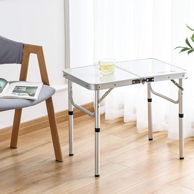 Folding Camp Table Small, 24''L x16''W with Adjustable Height Legs, Indoor Outdoor Lightweight Portable Aluminum Dining Table for Picnic Camping 2-Feet（2 Heights 10"/19"）
