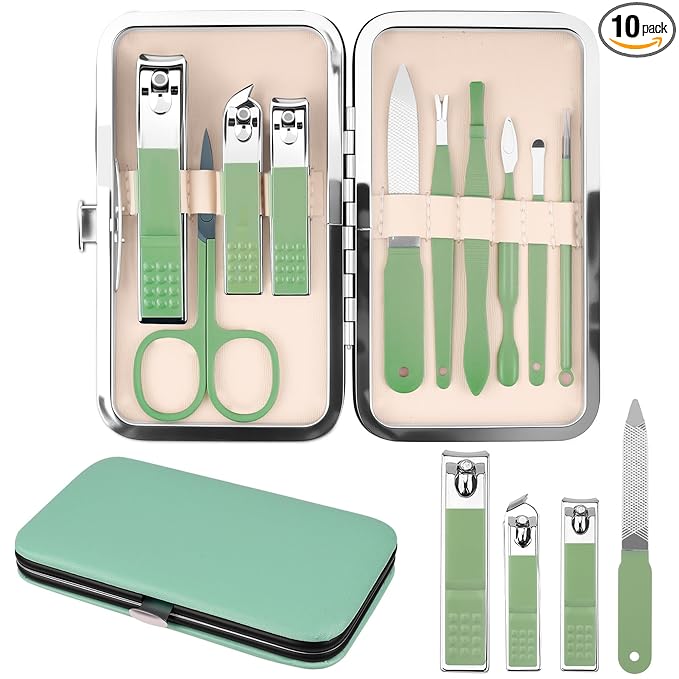 Manicure Set Gift for Women Men, Easter Basket Stuffers for Teens Boys, 10 In 1 Finger and Toe Nail Clippers Kit, Men's Grooming Pedicure Tools with Portable Travel Case, Matcha Green