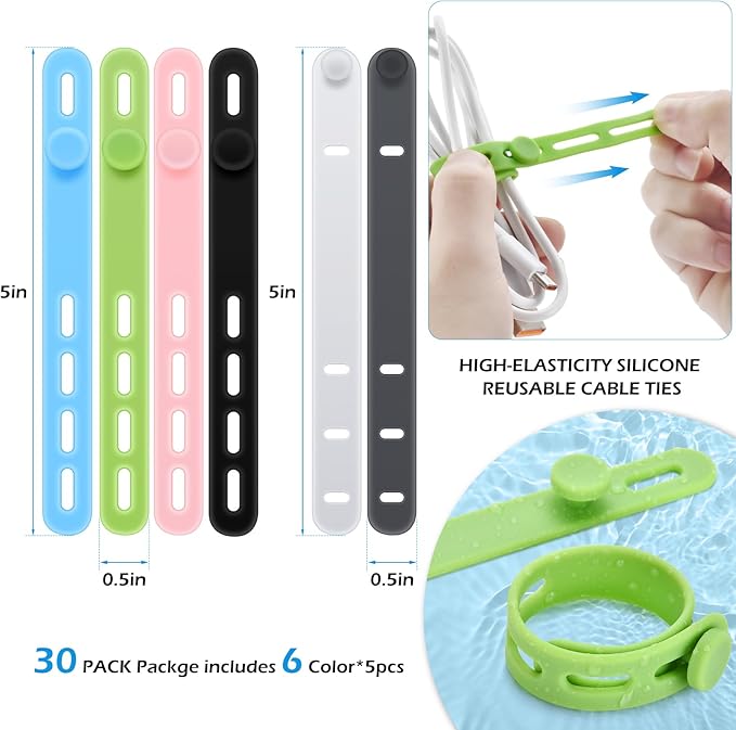 30 Pcs Silicone Cable Ties, Cord Organizer Ties, Cord Ties Reusable, Cord Wrap Cable Organizer 5Inch Cable Management (6 Color) Cbfoeyk