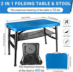Portable Folding Table and Stool Set, Lightweight Foldable Table & Collapsible Stool for Camping Picnic Beach Fishing, Sturdy Small Outdoor Table with Mesh Layer Storage- Blue