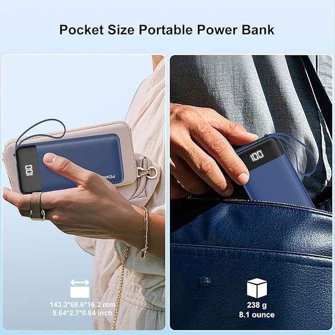 Portable Charger Built-in Cables,10000mAh Power Bank for iPhone,Fast Charge USB C Battery Pack Travel Essentials Slim Lightweight Powerbank Compatible with iPhone 17/16/15/14, Samsung, Android, etc