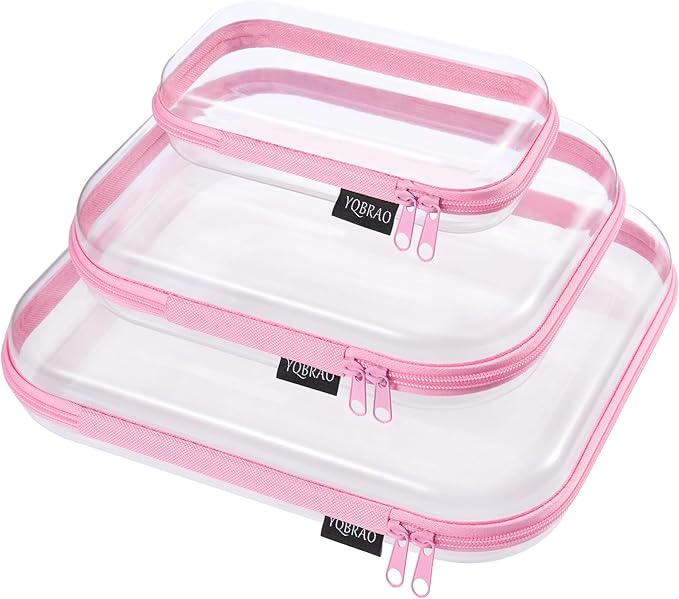 YQBRAO 3-Pack Clear Hard Shell Zipper Case Pink, 1.2mm Heavy-Duty Crush-Proof Travel Makeup Bag, Multi-Size (L+M+S) Diaper Bag Organizer Pouches, Rigid Clear Zipper Pouches for Tech, Toys & Home