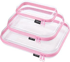 YQBRAO 3-Pack Clear Hard Shell Zipper Case Pink, 1.2mm Heavy-Duty Crush-Proof Travel Makeup Bag, Multi-Size (L+M+S) Diaper Bag Organizer Pouches, Rigid Clear Zipper Pouches for Tech, Toys & Home