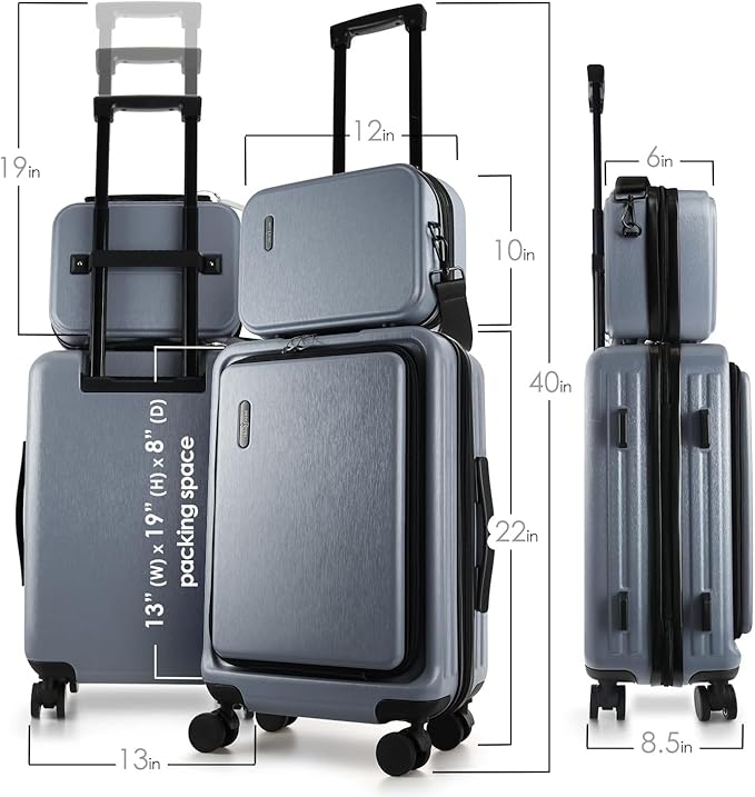 22 Inch Carry On Luggage 22x14x9 Airline Approved, Carry On Suitcase with Wheels, Hard-shell Carry-on Luggage, Grey Small Suitcase, Hardside Luggage Carry On with Cosmetic Carry On Bag