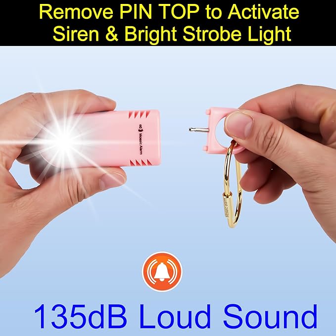 135dB Rechargeable Personal Safety Alarm Built-in Ultra-Bright Flashlight Non Slip Grip Keychain Emergency SOS Siren for Women, Students, Night Runner. Loud Sound Hiking Bear Alerts with Hook. Pink