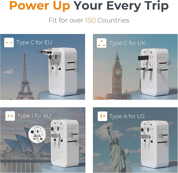 TESSAN Universal Travel Adapter 70W, Ultra Thin International Power Adapter with 4 USB Ports (3 USB C), Worldwide Plug Adaptor for US to European UK Australia Spain France Ireland (Type C G A I)