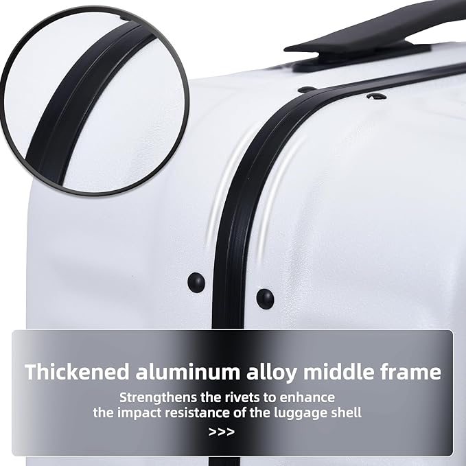Kaleenie 2 pieces 20/29 Aluminum Frame Carry On and Checked Luggage Set with Side Opening, Lightweight Hardshell ABS+PC Trunk Suitcase with TSA Lock, 360° Universal Wheels & Adjustable Handle, White