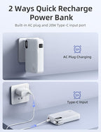 RORRY Portable Charger Built in Cables, AC Wall Plug In Portable Charger Power Bank 10000mAh Travel Battery Pack 22.5W Fast Charging for iPhone 17/16/15 Samsung Galaxy S25/S24/S23 Pixel LG iPad, White