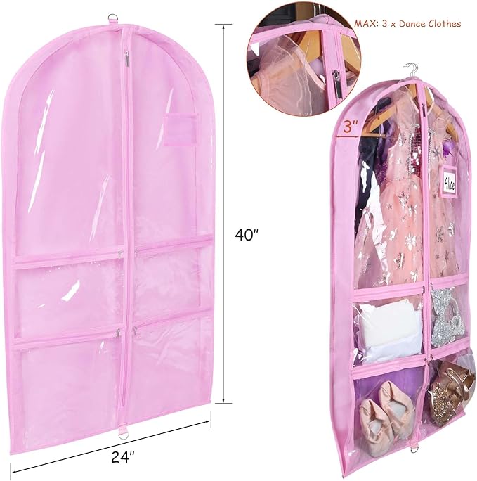 Syeeiex 3" Gusseted Dance Costume Garment Bag(2 Pack), 40'' Dance Garment Bags for Dancers with 4 Zipper Pockets & Can Hold 1-3 Dance Costumes - Suitable for Dance Competitions, Ballet(Pink)
