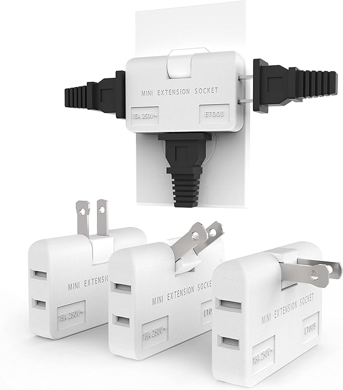ETwinCoo 3 Way Flat Wall Outlet Extender Safe AC Adapter - 2-Prong Swivel Mini Indoor Wall Tap Plug, Outlet Splitter (Quick & Easy Install) Perfect for Home and Travel, Type A, White (3 Pack)