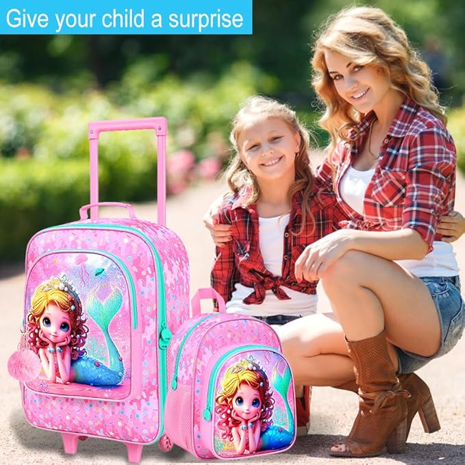 2Pcs Kids Suitcase for Girls, Carry on Rolling Luggage with Wheels, Mermaid Travel Suitcases Set with Toddler Backpack(Pink)