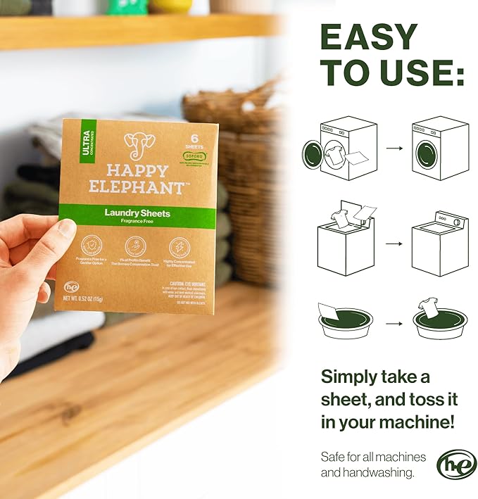 Happy Elephant Laundry Detergent Sheets, Fragrance Free, Natural Biodegradable Laundry Sheets, Plant Based, Tough on Stains, Gentle on Skin, Compatible with HE & Any Washing Machine, 6 Sheet, 3 Pack