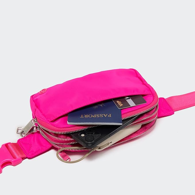 Pander Everywhere Belt Bag for Women, 5 Zipper Pockets Nylon Crossbody Fanny Pack Purse (Sonic Pink).