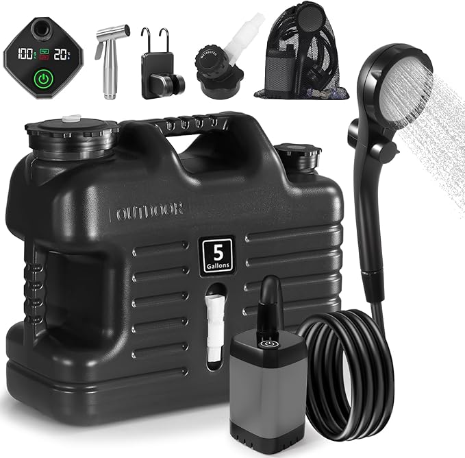 Digury Portable Camping Shower with 5 Gallon Water Jug, 6000mAh Rechargeable Outdoor Camping Shower Kit, IPX7 Waterproof Pump BPA Free Water Containers Camp Essentials