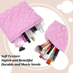 Huhumy 2 Pc Makeup Bag Set Cute Quilted Cosmetic Pouch for Women Travel Toiletry Bag Preppy Small Makeup Purse Pouch Skincare Brushes Storage Organizer Pencil Case Set(Knitted,Quilted,Rose Pink)