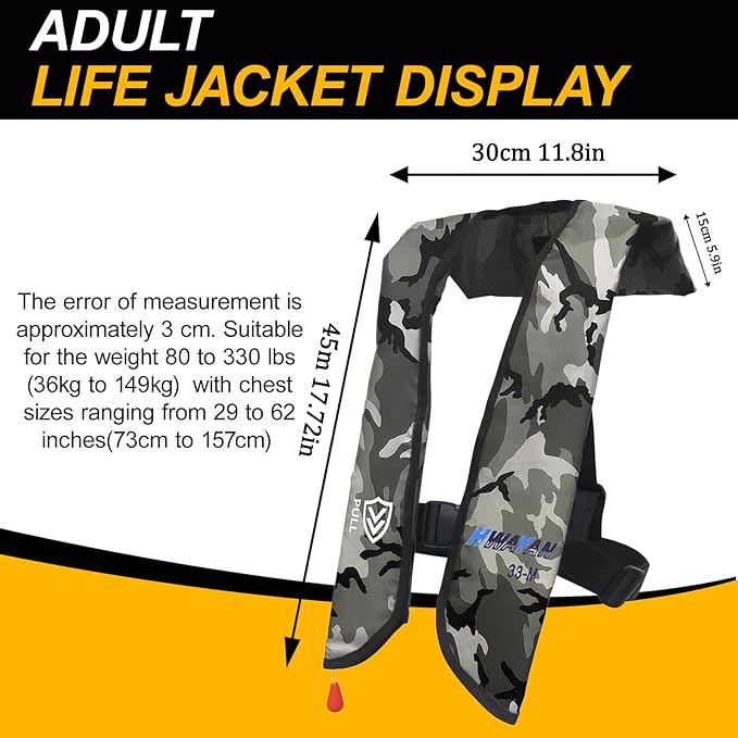 Manual Inflatable Life Jacket| Inflatable PFD Vest Adult| Life Vest for Adults| Outdoor Water Sports| Supports up to 330 lbs|33g of Carbon Dioxide Cylinder