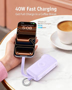 RORRY Flow Portable Charger, 10000mAh 40W Fast Charging Power Bank with Built-in USB C Cable and Foldable Wall Plug, Battery Pack Travel Essentials for iPhone 17/16/15, Apple Watch, iPad, MacBook