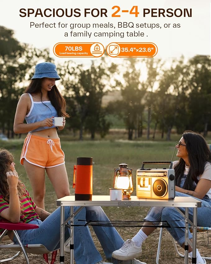 Sportneer Camping Table: Adjustable Height Small Folding Table 35.4" L x 23.6" W 2 Height with Mesh Layer - Compact & Portable Camping Essentials for Outdoor Camp Garden Picnic BBQ Dining Cooking