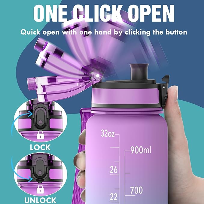 OLDLEY Water Bottle, 32oz Motivational Sports Water Bottle with Time Marker Times to Drink Tritan, BPA Free, Wide Mouth Leakproof, Anniversary Birthday Gifts for Men Women, Confectionery (1 Bottle)