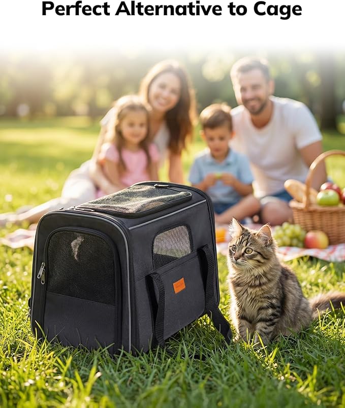 Morpilot Pet Carrier for Large Cats, Puppies & Small Dogs Up to 25lbs, Escape-Proof with Locking Zippers, Dual-Sided Cushion, Safety Buckle for Car & Vet Travel, Includes Foldable Bowl (Dark Gray)