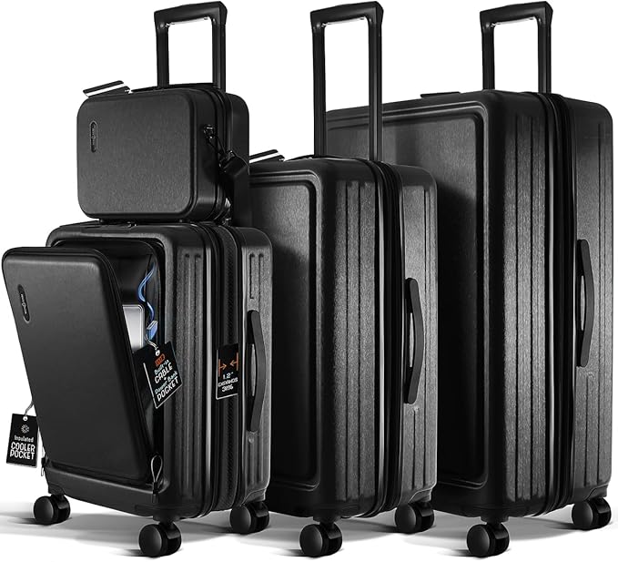 TRAVELARIM Black Hardshell Luggage Sets 4 Piece, Durable Suitcase Set, Travel Luggage Set with Integrated TSA Lock, 360° Spinner Wheels, Expandable Medium and Large Checked Suitcase, 20/24/28 Inch
