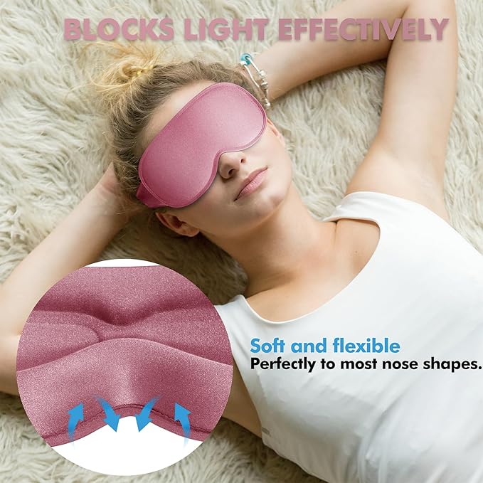 Sleep Eye Mask for Men Women, Sleeping Mask for Side Sleeper, Travel Blackout Night Blindfold Eye Shade Cover with Adjustable Strap (Rose)