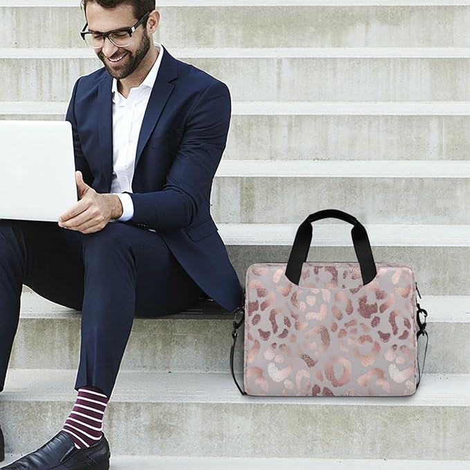 Rose Gold Leopard Print Pink Laptop Messenger Bag Case Sleeve Crossbody Briefcase for Men Women with Shoulder Strap Handle 13 14 15.6 inch