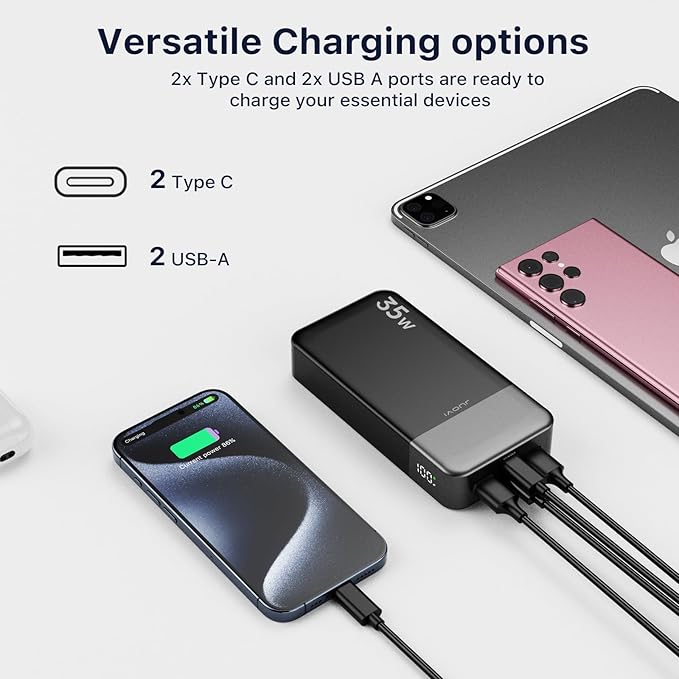 JUOVI Portable Power Bank 20000mAh, 35W Portable Charger, Battery Pack Fast Charging, PD3.0 QC4.0 Phone Battery Pack with LED Display for iPhone 16 15 14, Galaxy, Tablet, Switch, etc