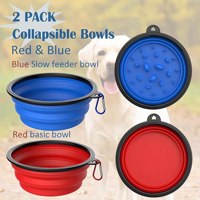 Collapsible Dog Bowls [2 Pack] 34 oz, Slow Feeder Bowl, Travel Dog Bowls Pet Portable Foldable Water Food Feeding Dishes with Carabiner Clip for Traveling Hiking Walking-Red & Blue