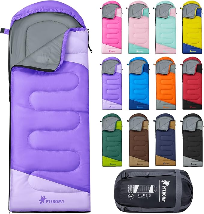PTEROMY Sleeping Bags for Adults, Lightweight and Machine Washable, Water Resistant Backpacking Camping Sleeping Bag for Warm Cold Weather, Camping Essentials for Hiking Travel