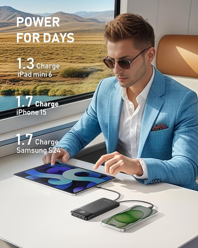 charmast 10000mAh Portable Charger with Built in Cables, 22.5W Travel Essential Power Bank Fast Charging, USB C Battery Pack for iPhone 17/16/15/14/13/12/11 Series, iPad, Samsung, Android, Tablet