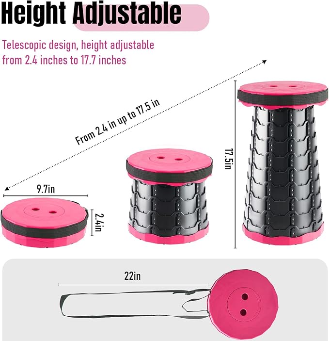 Doseno Upgraded Foldable Stool Thickened, Portable Collapsible Stool Retractable Stool for Fishing, Hiking Tours, BBQ, Parties, Outdoor Activities（Pink）