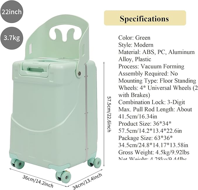 CNCEST 22" Kid's Ride-on Luggage with Foldable Seat,Travel Carry On Trolley Case for Kids,Children's Ride On Top Opening Suitcase with Password Lock (StyleA, Green)