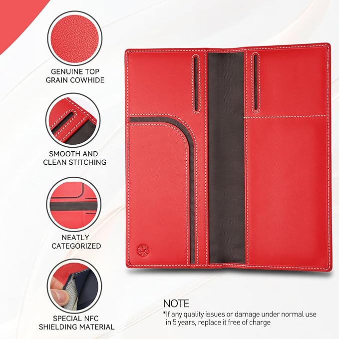Leather Passport Holder for Travel with AirTag Holder, RFID Blocking Passport Wallet with Card Slots for Men & Women (Red)