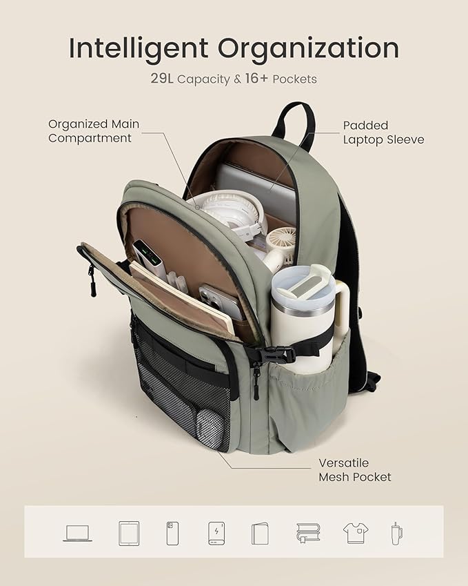 LOVEVOOK Laptop Backpack Women/Men with 40oz Cup Holder Buckle Strap, 15.6 Inch Tech-Ready Work Backpack, TSA-compliant for Travel & College with Versatile Mesh Pocket, Sage Green
