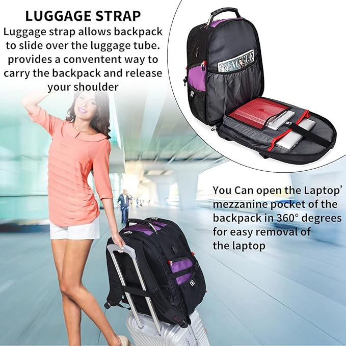 SHRRADOO Extra Large 50L Travel Laptop Backpack with combination lock, College Backpack Airline Approved Business Work Bag Fit 17 Inch Laptops for Men Women,Purple