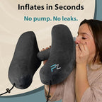 FLOWZOOM Air Inflatable Neck Pillow for Traveling on Plane - H-Shape Hooded Airplane Pillow with 5 Snooze Modes, Fast Inflation, Pressure Control, Cozy Clip-On Hood & Plushy Cover - Size L, Jet Black