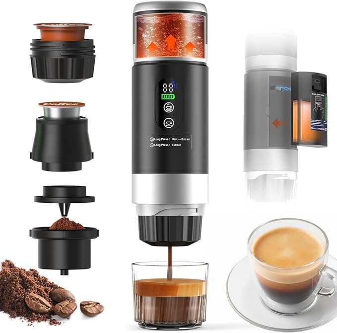 Portable Espresso Machine with Removable Battery, 20-Bar Mini Travel Coffee Maker, USB-C Self-Heating, 3-in-1 for Ground, Capsules & Pods (NS/DG), Car/Office/Home Use, 6.8-oz Compact Espresso Maker