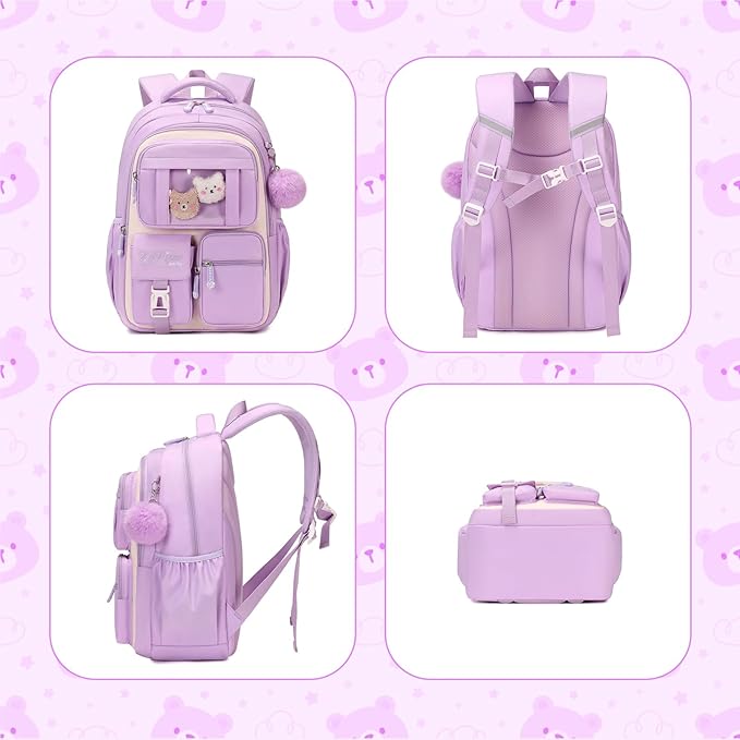 PIG PIG GIRL Kids Backpack for Girls School Bags for Middle School Students Book Bag for Elementary Primary Kawaii Ita Backpack, Purple and Beige