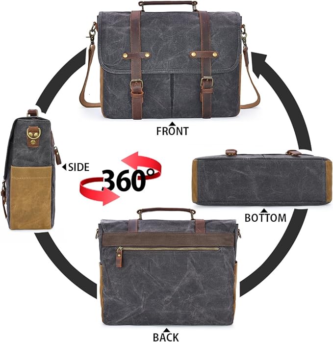 Mens Messenger Bag 15.6 Inch Waterproof Vintage Genuine Leather Waxed Canvas Briefcase Large Satchel Shoulder Bag Rugged Leather Computer Laptop Bag, Grey