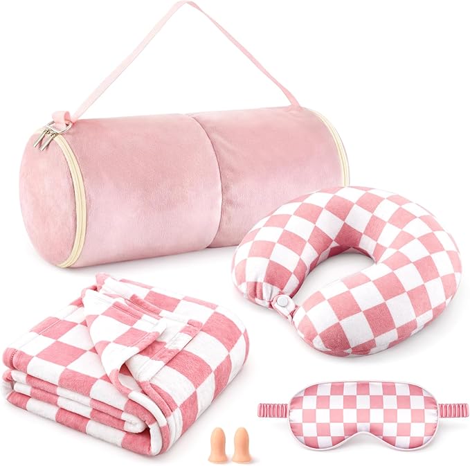 HunnmingRe 5 Pcs Travel Pillow and Blanket Set, 5 in 1 Travel Airplane Compact Includes 40 x 60 Inch Throw Blanket Eye Mask Neck Pillow Earplug and Bag Gifts for Travelers Women(Checkered,Pink)