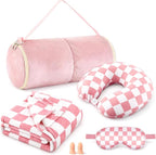 HunnmingRe 5 Pcs Travel Pillow and Blanket Set, 5 in 1 Travel Airplane Compact Includes 40 x 60 Inch Throw Blanket Eye Mask Neck Pillow Earplug and Bag Gifts for Travelers Women(Checkered,Pink)