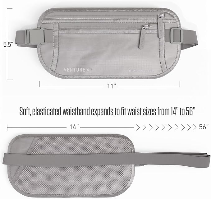 VENTURE 4TH Money Belt for Travel – Slim Hidden Under-Clothes RFID Blocking Anti-Theft Passport Holder & Travel Wallet Pouch for Men & Women to Protect Cash, Cards & Documents (Sleek Silver)