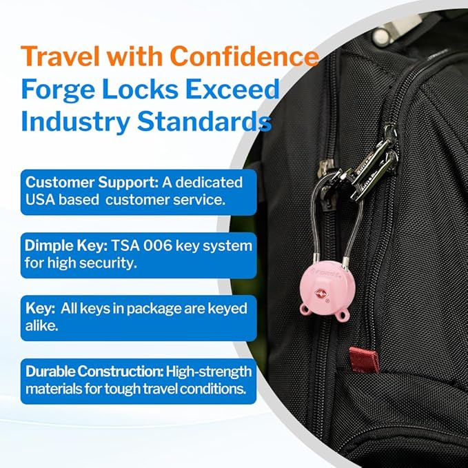 FORGE TSA Approved Luggage Locks, Keyed Alike TSA006 Dimple Key Travel Lock with Zinc Alloy Metal Body, Secure Cable Lock for Suitcase, Backpack, Gym Bags. 2 Pink Locks