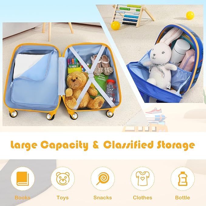 Goplus Kids Luggage Set, 12" & 18" Kids Carry On Luggage Set, Multi-directional Wheels Suitcase, Large Capacity Rolling Trolley Suitcase, Gift for Boys and Girls Toddlers Children Travel