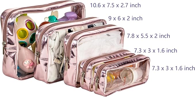 Remobia Hicol TSA Approved 5-Piece Diaper Bag Organizer Pouch Set Clear Waterproof TPU Kids Toiletry Storage Set Travel Packing Clutch Cube Bags for Baby Nursing(Gose gold leather)